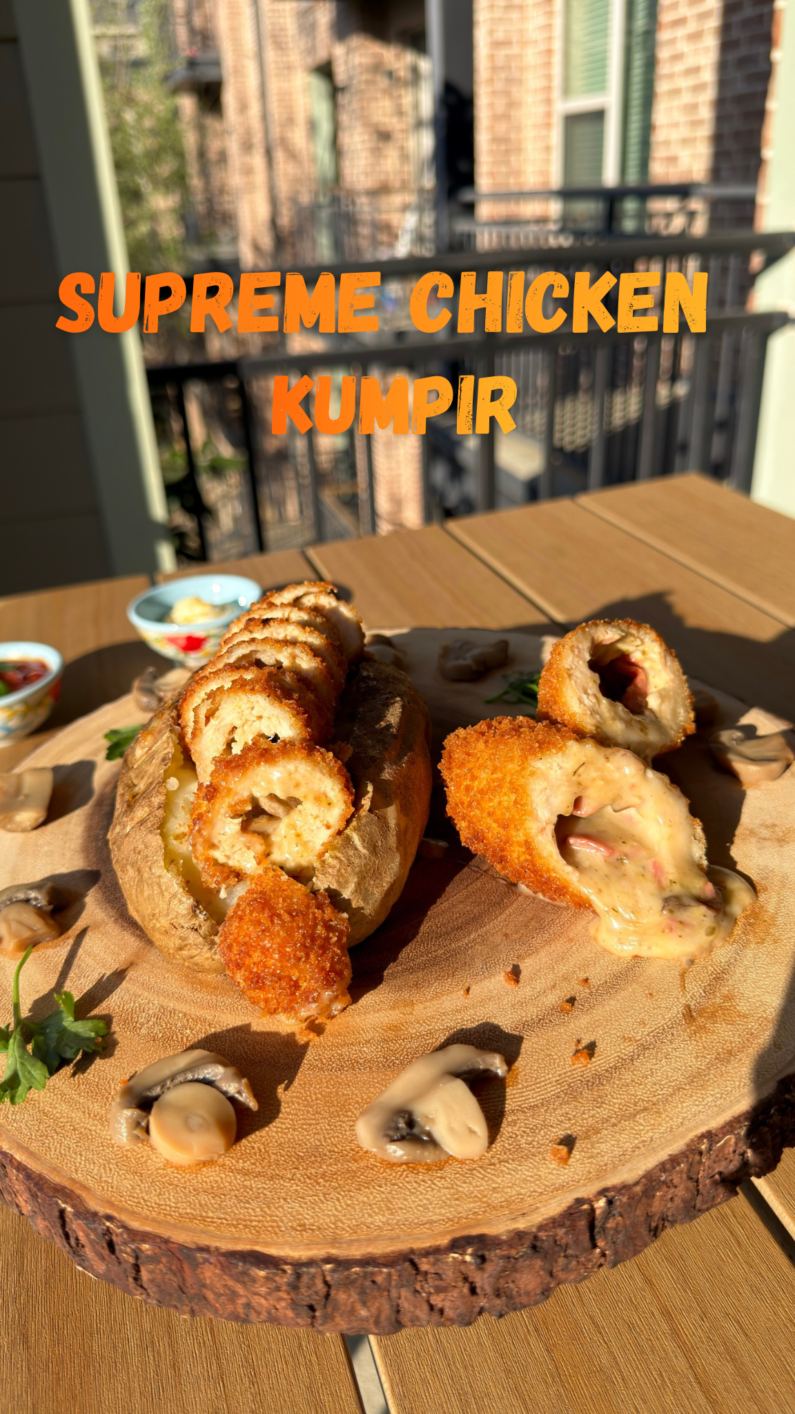 Chicken Kabab Kumpir — a loaded Turkish baked potato piled with grilled chicken, veggies and sauces